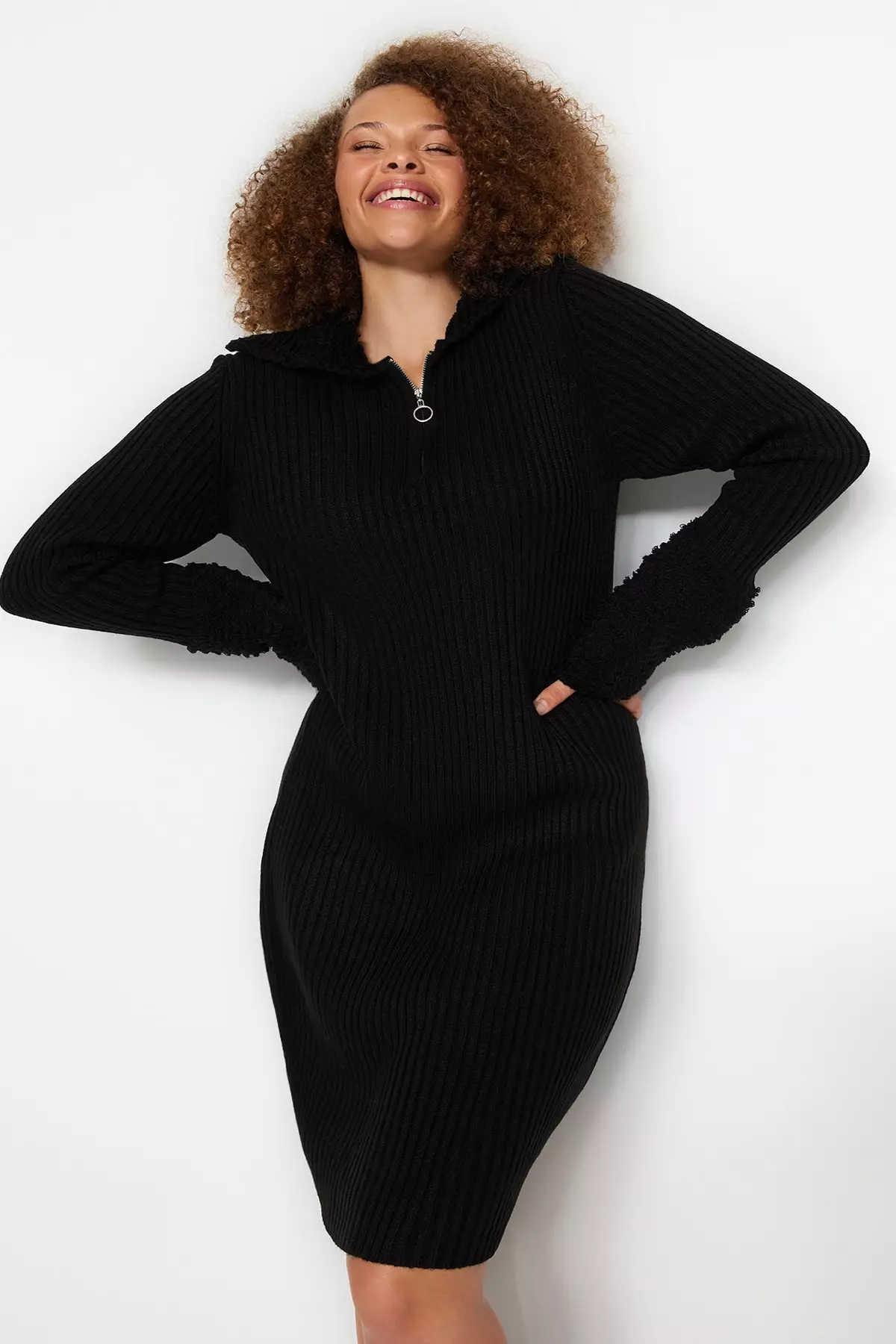 Buy Trendyol Plus Size Black Plush Detailed Sweater Dress With Zip