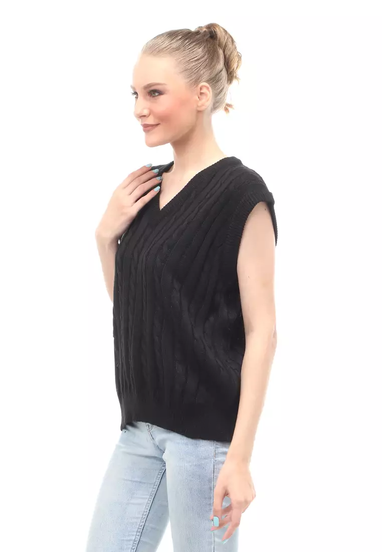 Urice Vest Rajut Atasan Wanita V-neck Sleeves Design Elegant - Black