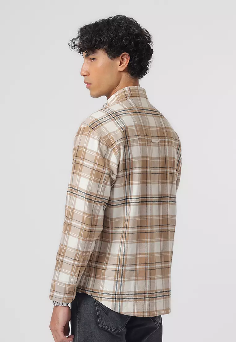 MELVINS - BEIGE Kemeja Flannel Pria Motif Kotak-Kotak Lengan Panjang Relaxed Fit