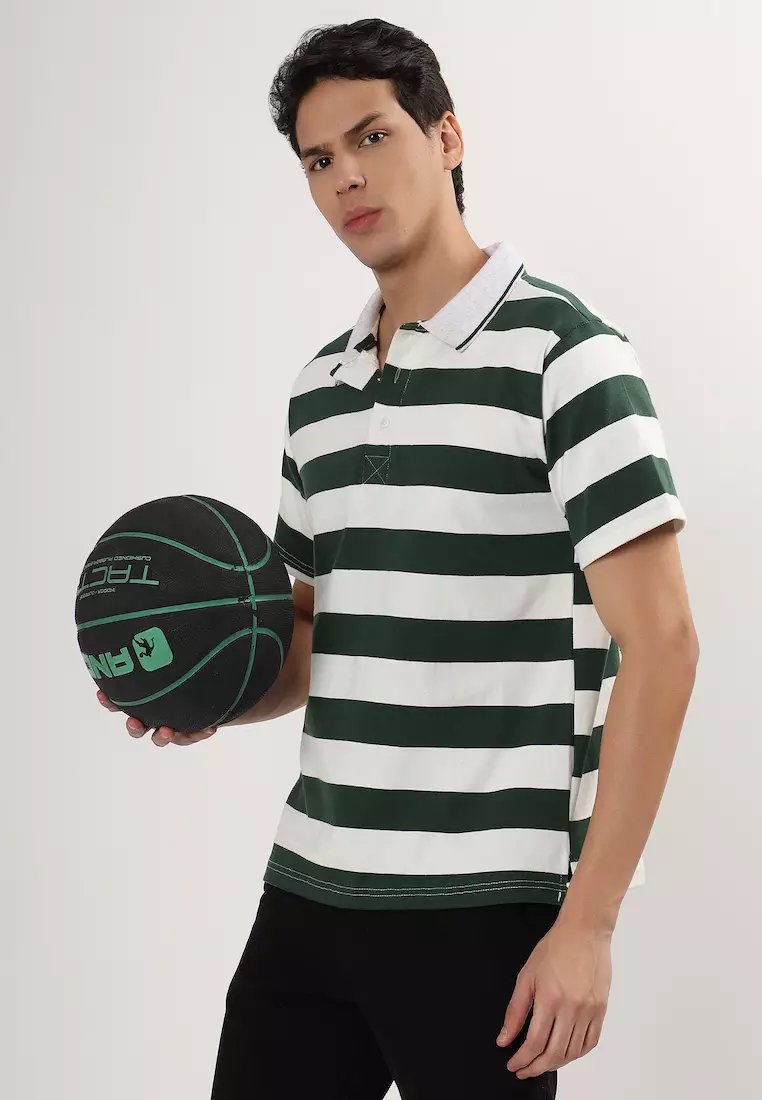 Mens Short Sleeve Green - White Stripe Cotton Rugby Polo Shirt/T-shirt,  Sports-Casual, Activewear