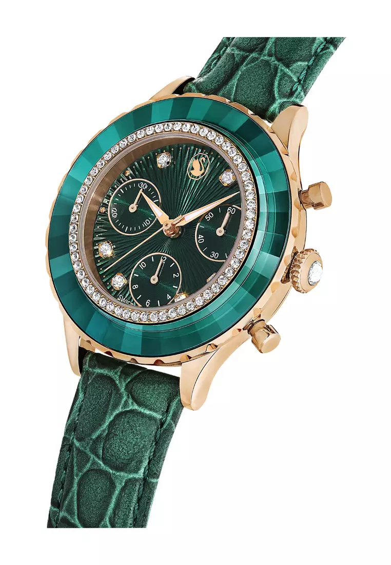 Octea Chrono watch, Swiss Made, Leather strap, Green, Rose gold-tone finish