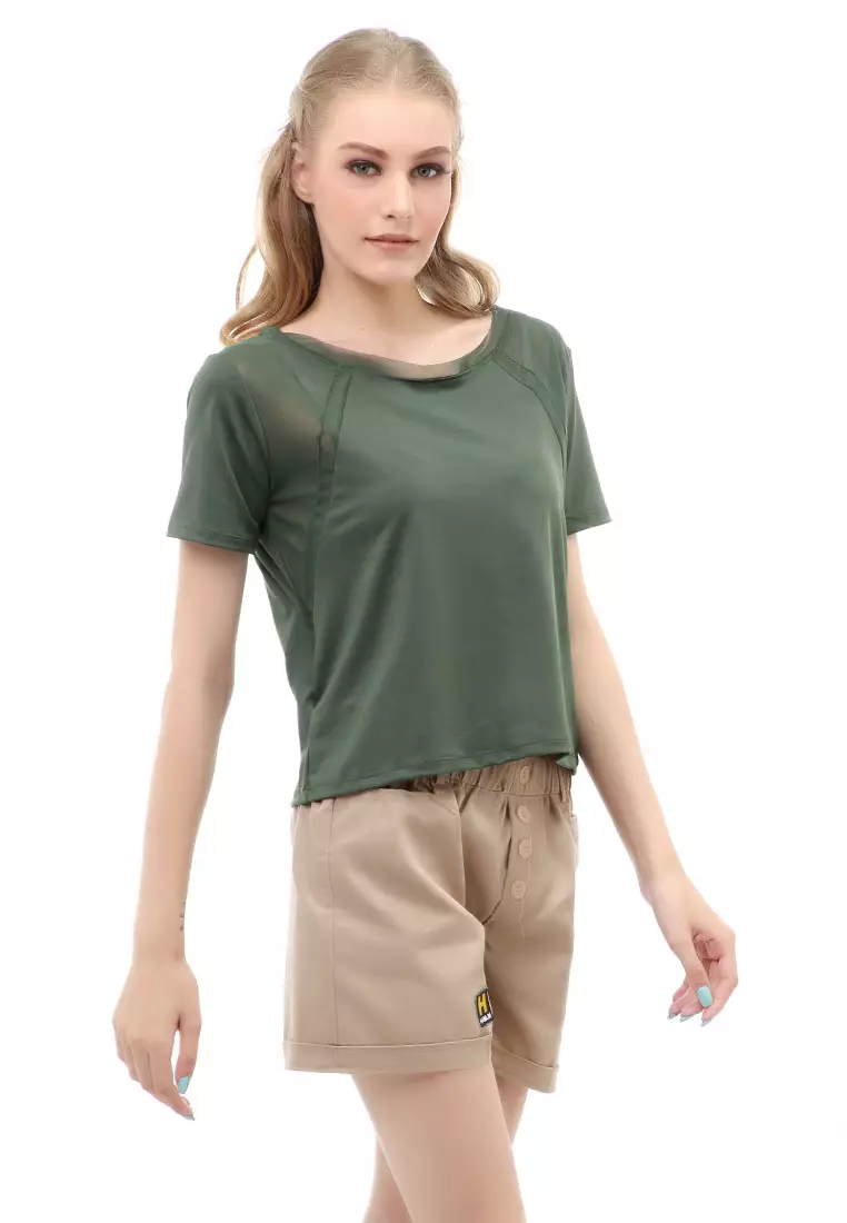 Wish Baju Olahraga Kaos Sport Wanita Short Sleeve Absorb Sweat Kombinasi Jaring Material Polyester ORIGINAL - Green Bottle