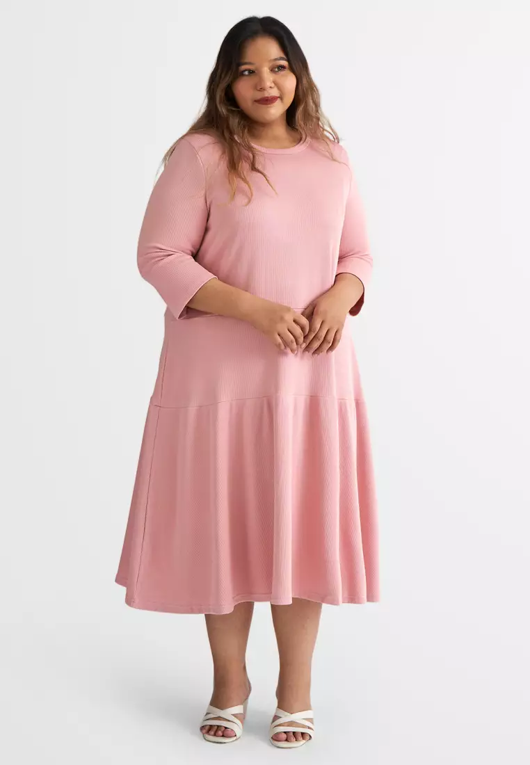 Mis Claire Plus Size Joanna Ribbed Tier Patch A Line Dress Pink