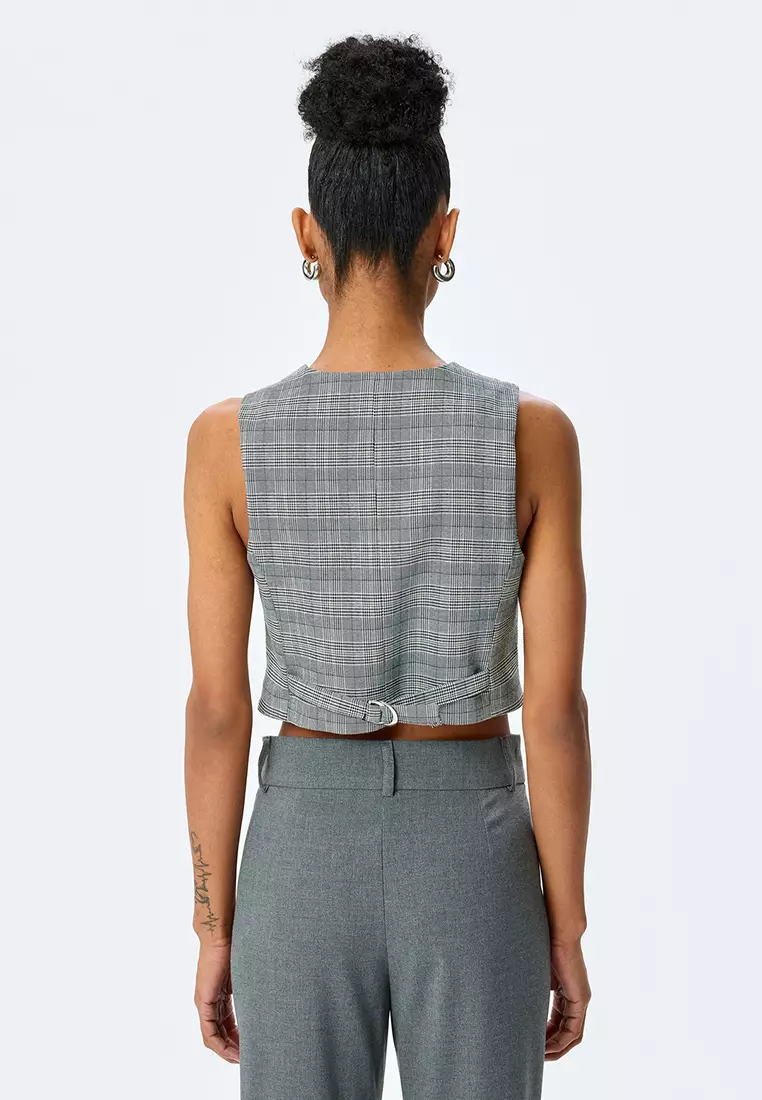 V-Neck Viscose Blend Slim Fit Plaid Sleeveless Crop Vest With Pocket