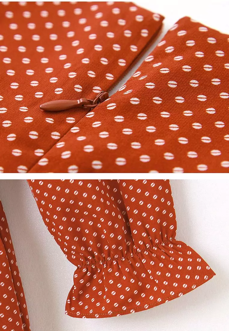 KITTY拿鐵咖啡系列．咖啡豆圓點印花後綁帶雪紡洋裝《KB1404》