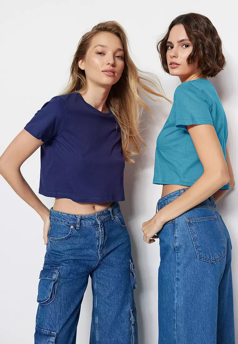 Navy Blue-Turquoise 2-Piece Package Crop Crew Neck Knitted T-Shirt