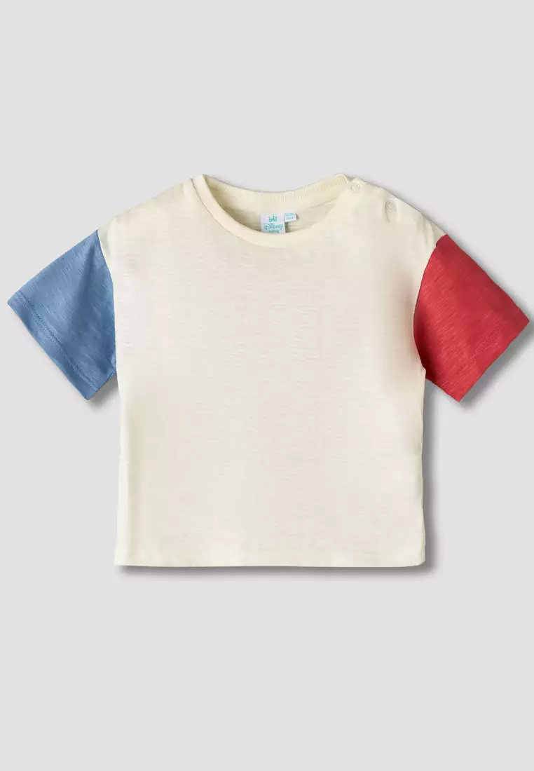 Babyshop Disney Crew Neck Short Sleeves T-Shirt And Dungaree Set With Stripes And Mickey Mouse Applique