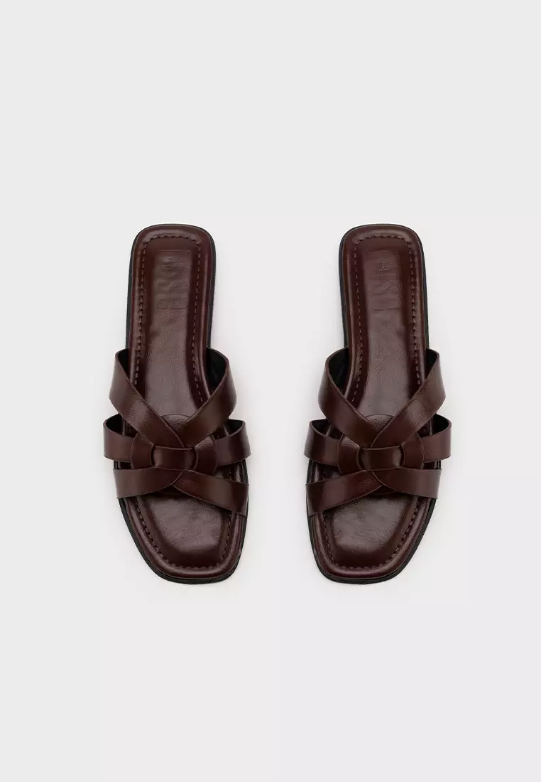 编织带方头平底拖鞋