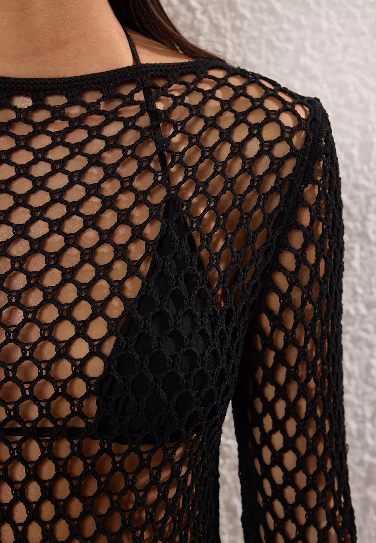 Black Fitted Midi Knitwear Beach Dress Tbess25El00124