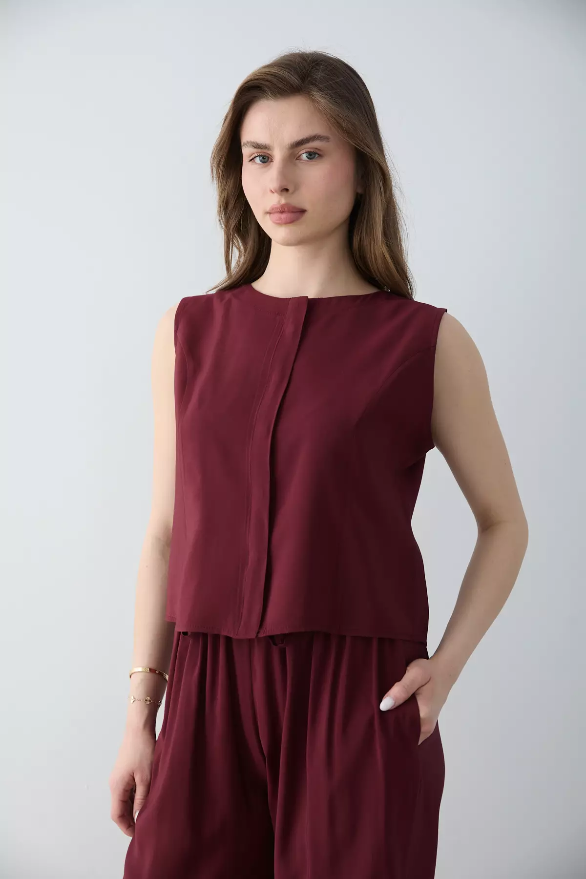 Burgundy Modal Look Blouse Trousers Woven Bottom - Top Set Twoss26Au00086