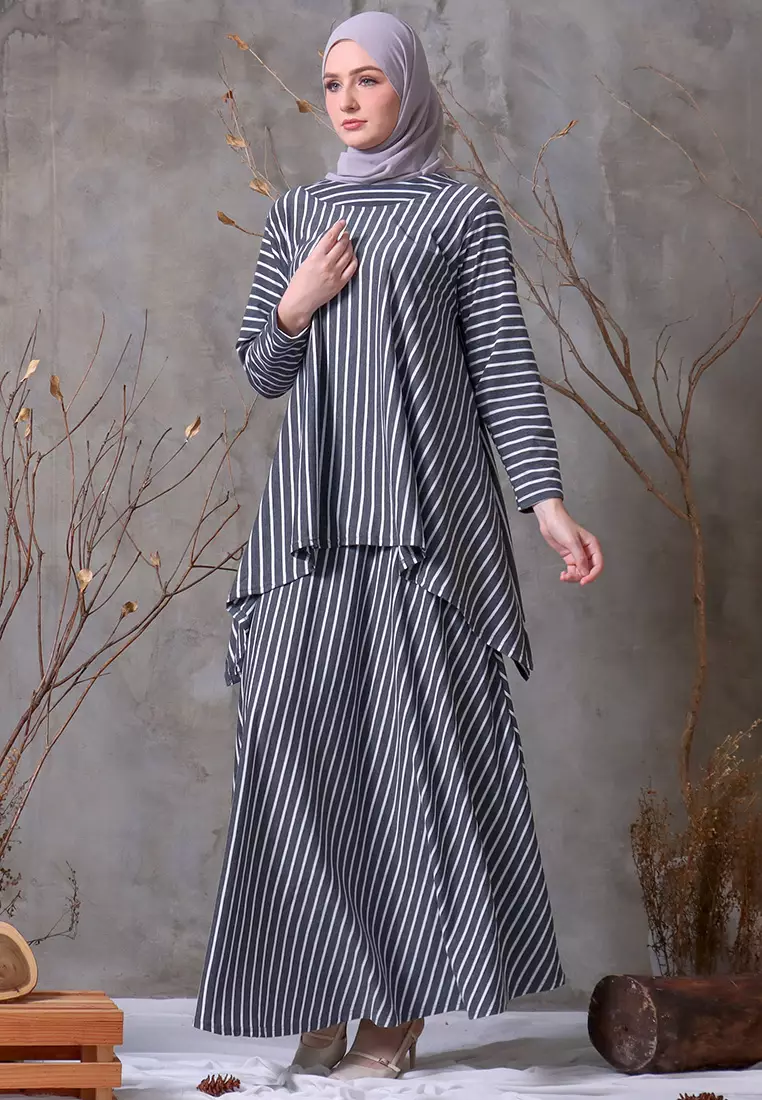 JV Hasanah Oneset Simple Stripes Darkgrey | Setelan Rok Salur Layer Kanan Kiri