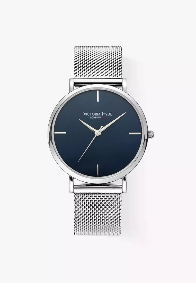 Men Watch 38.2mm Simple Business Silver Stainless Steel Mesh Strap And Case Blue Dia-Silver