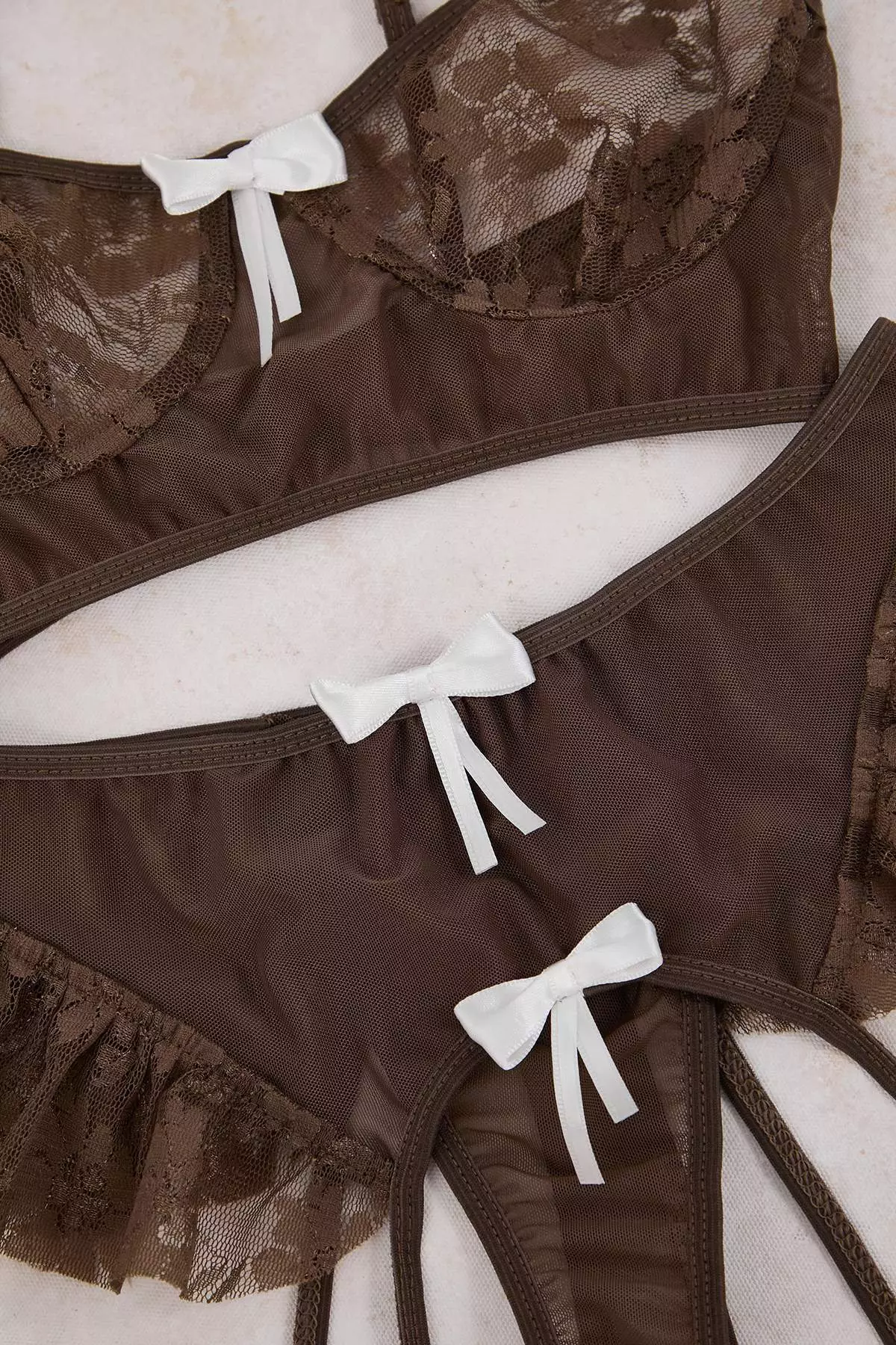 Brown Ribbon Detailed Leg Band Ruffled Lace Fancy Lingerie Set Thmaw26Bd4