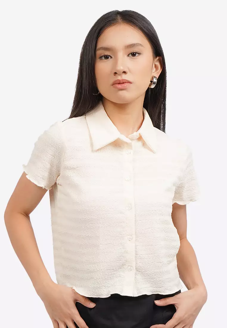 Short Sleeve Textured Crop Blouse