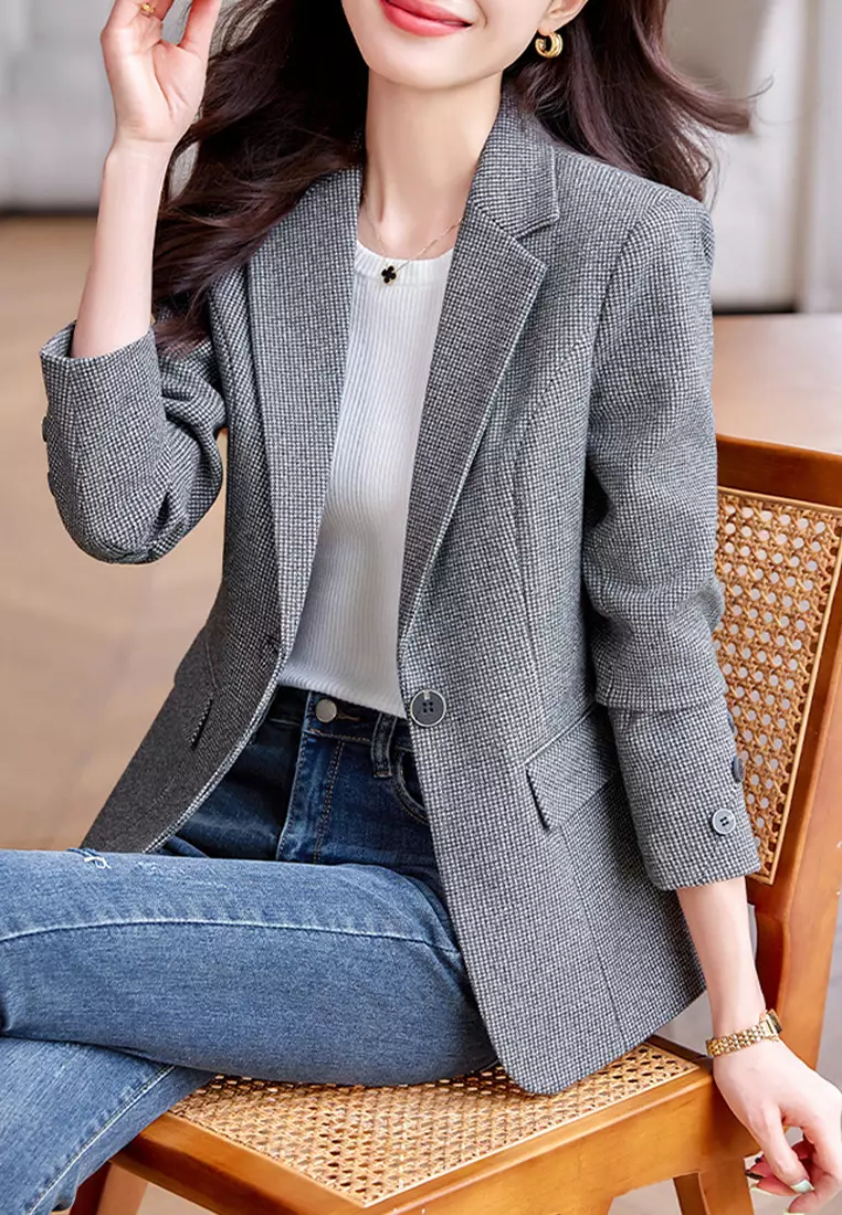 Fashionable Plaid Slim Cut Suit Jacket YGH-EH8886