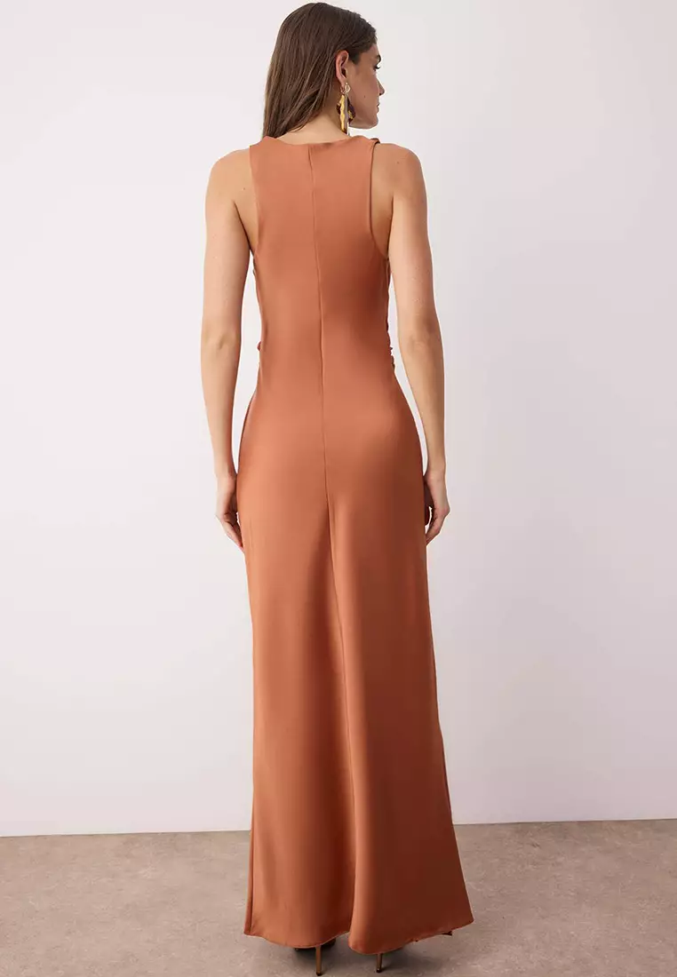 Brown Body Fitting Satin Maxi Evening Dress