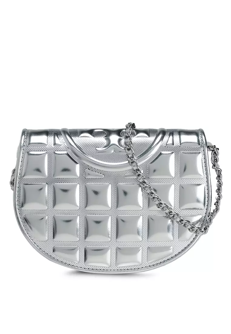 TORY BURCH Fleming Metallic Square Quilt Mini Chain Wallet