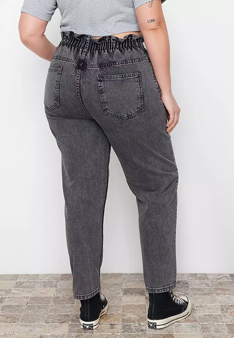 Gray High Waist Elastic Waist Mom Jeans TBBAW23JE00002