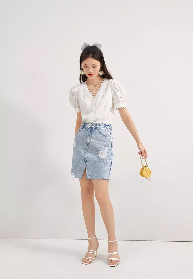 Acid Wash Front Slit Denim Short Skirt