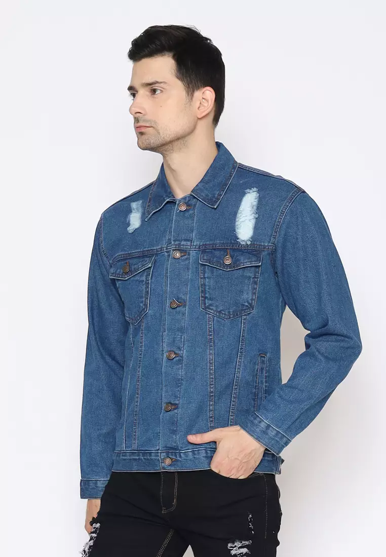 Jaket Ripped Denim Pria Topaz Mid Blue 192103N