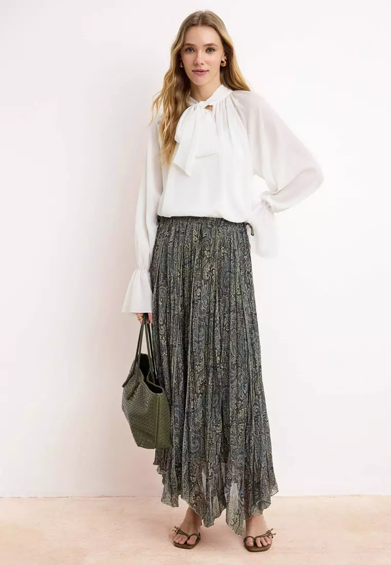 Khaki Chiffon Pleated Lined Ethnic Patterned Maxi Skirt Tctss26Ee00007