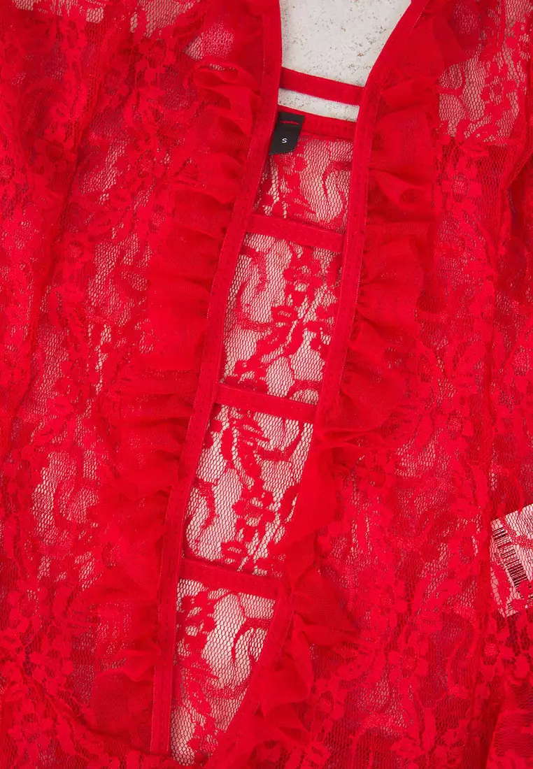 Red Window/Cut Out Detailed Pantyhose Lace Coverless Knitted Babydoll/Fantasy Nightgown