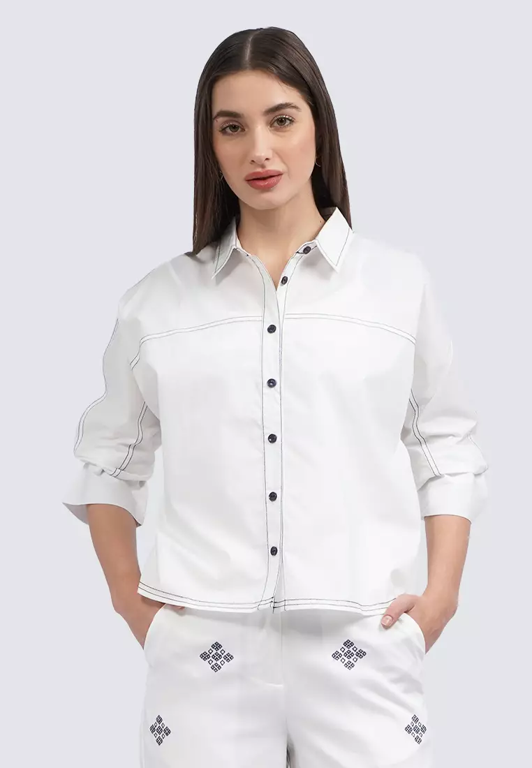 Contrast Stitch Long Sleeve Blouse OFF WHITE