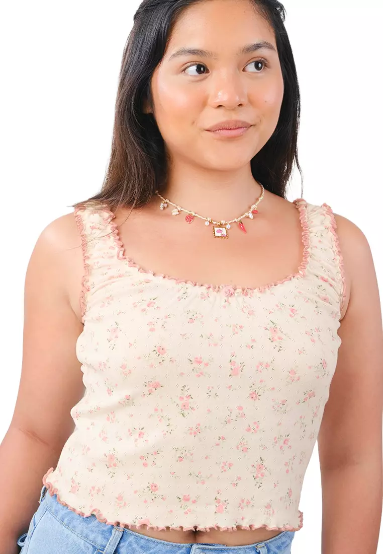 Tank Top with Contrast Lettuce Edge and Satin Rosette