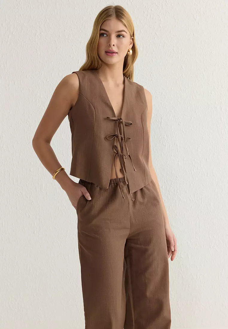 Bow Blouse and Wide Leg Trousers Woven Top Bottom Set