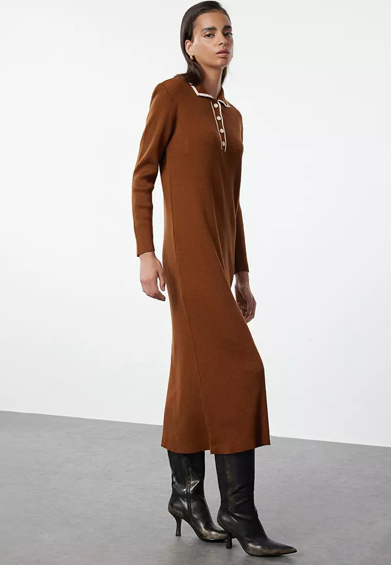 Brown Polo Button-Down Collared Knitted Dress Tctaw25Eb00044