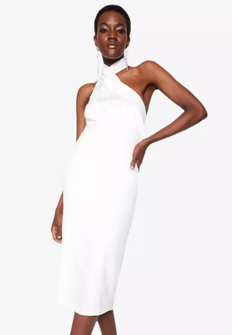 Buy Trendyol Fringe Detail Halter Neck Dress in Ecru 2024 Online