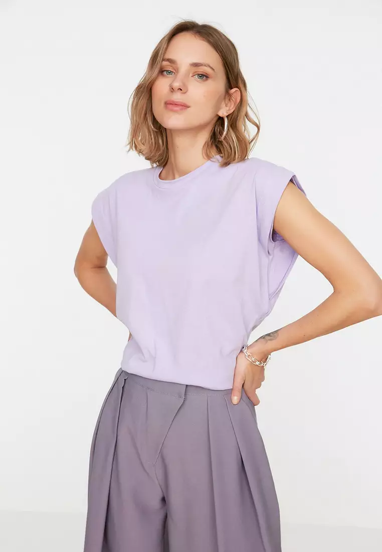 Lilac 100% Cotton Wadding Look Basic Crew Neck Knitted T-Shirt TWOSS20TS0021