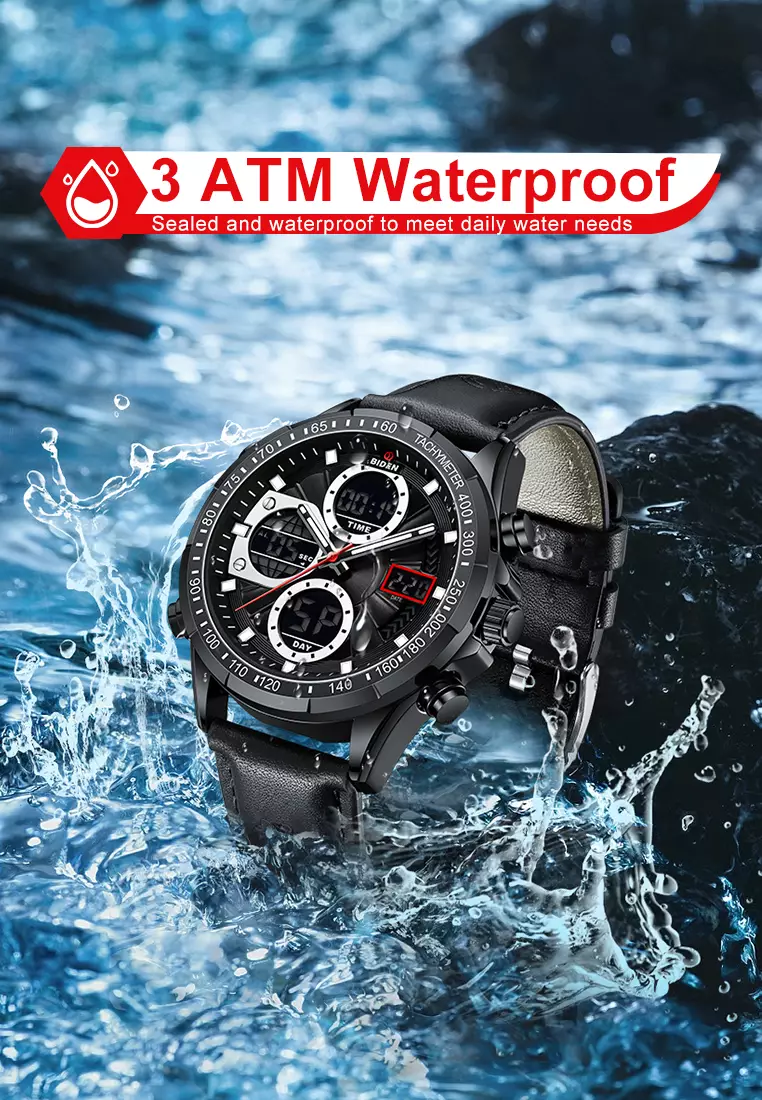 Jam Tangan Pria Original Multifungsi Analog&Digital Tali Kulit Olahraga Anti Air Jam Tangan Cowok allblack