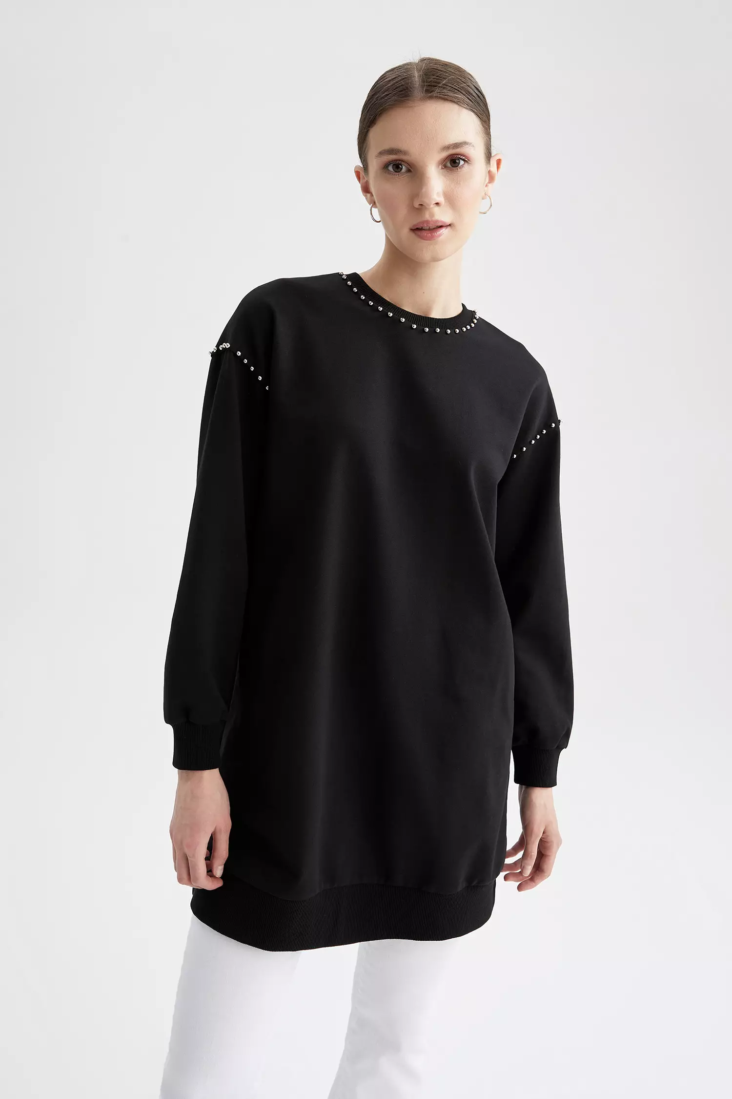 Buy DeFacto Relax Fit Long Sleeve Pearl Detail Tunic in BLACK 2024 ...