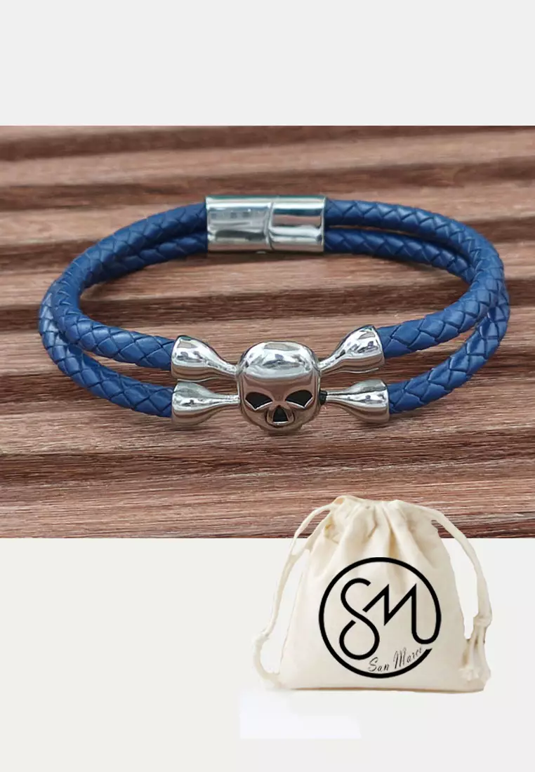 Accessories Gelang Pria Skull Hola Leather Bracelet Silver & Blue
