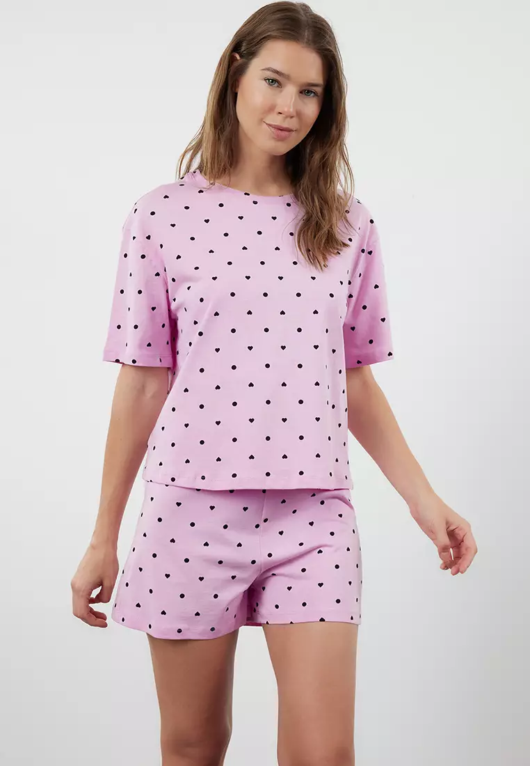 Pink Heart Patterned Shorts Knitted Pajama Set