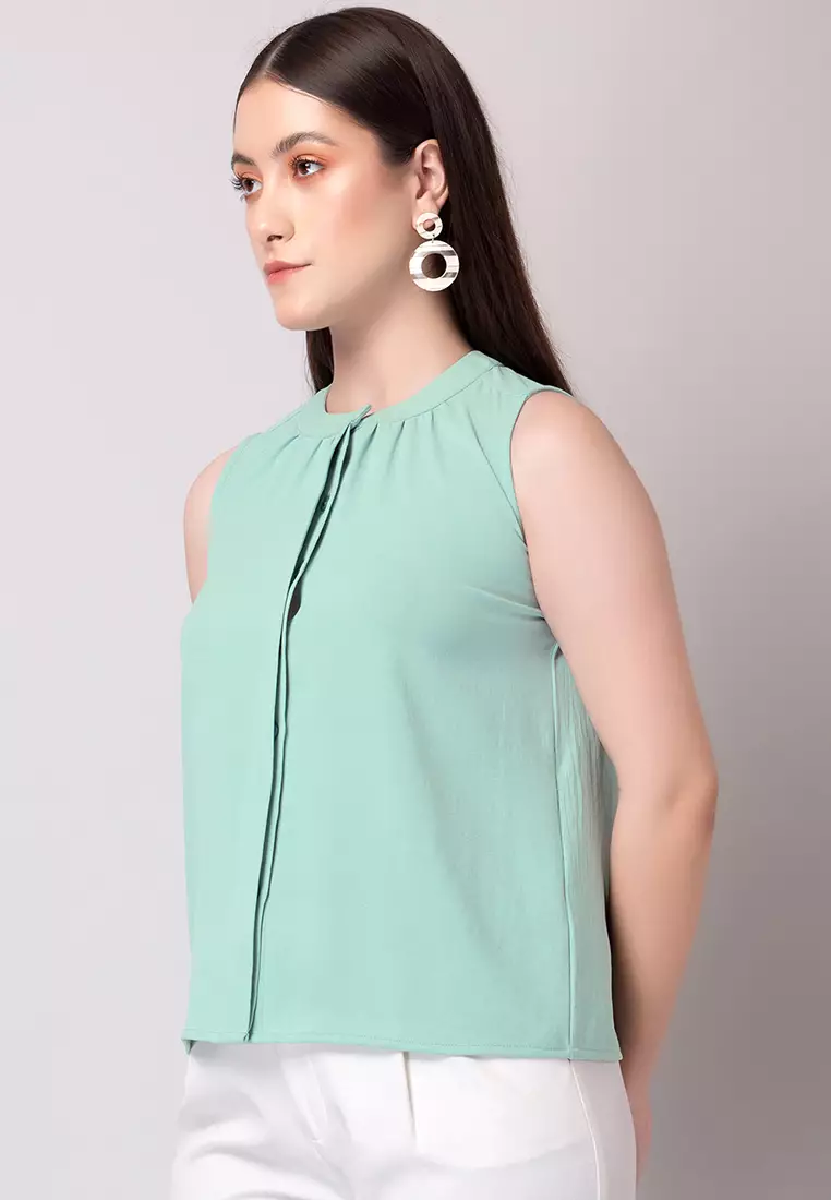 Green Gathered Sleeveless Blouse