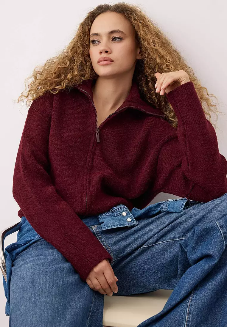 Wardrobe Essentials Burgundy Wardrobe Essentiasl Soft Textured Wide Pattern Knit Cardigan