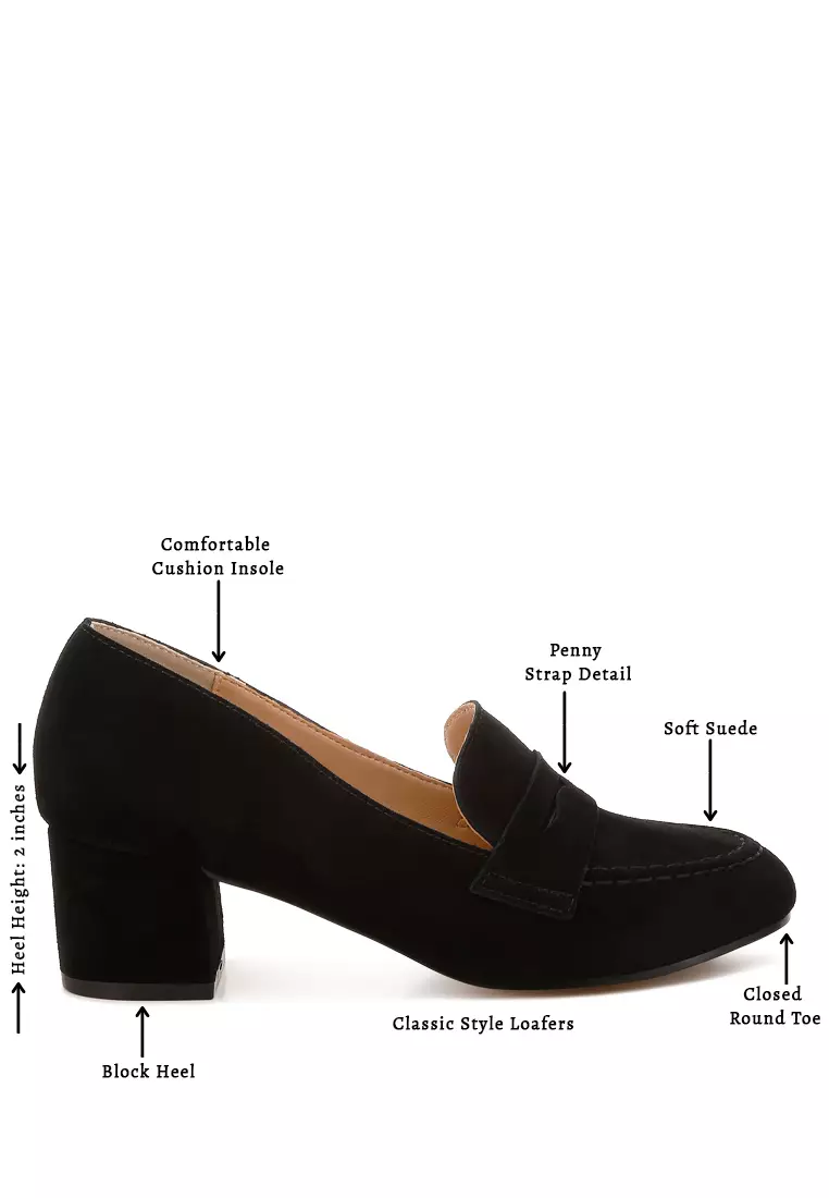 Block Heel Suede Loafers in Black