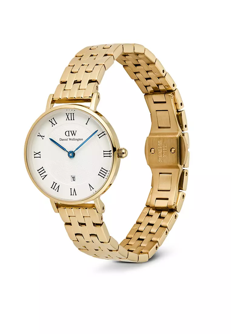 Petite 28mm Roman Numerals Date 5-Link White Gold Women Watch stainless steel watch DW Official Authentic Original
