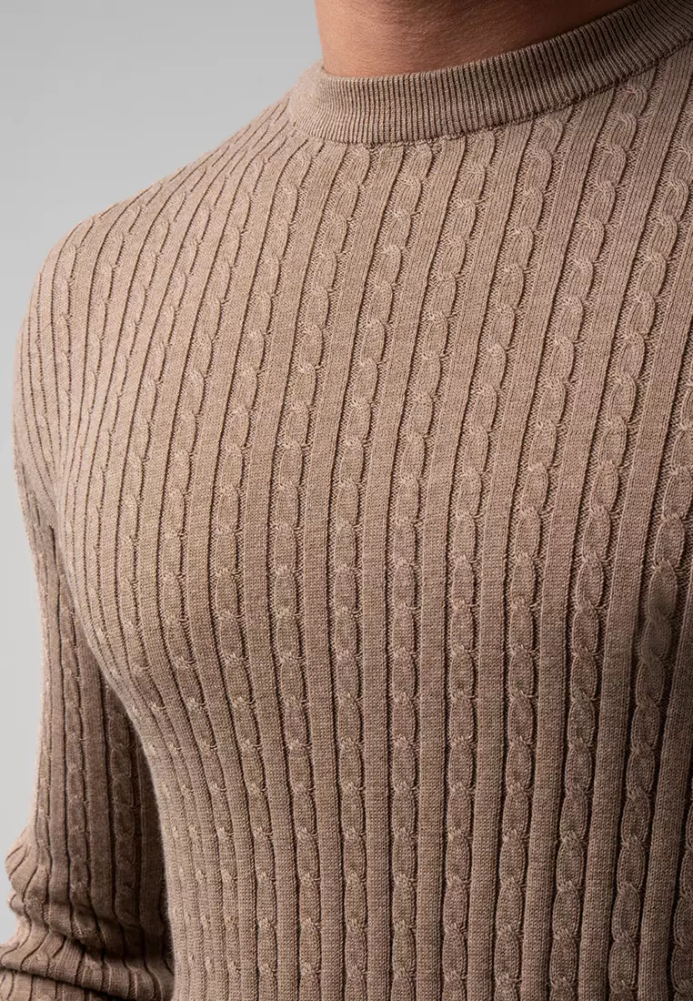 Mens Cable Knit Cotton Sweater Light Brown LS
