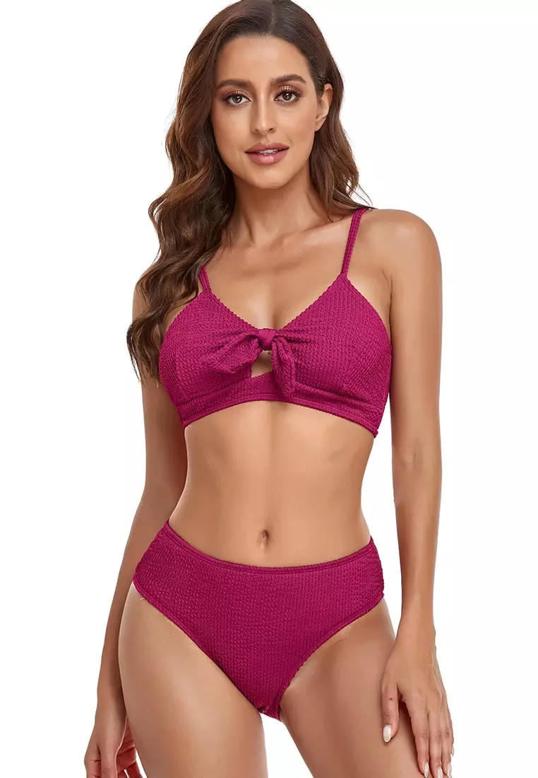 Solid Color Bikini Set Sexy Slim Swimwear Small Chest Cover Gathered Wrap  Bathing Suit High Waist Lacing Split Swimsuit