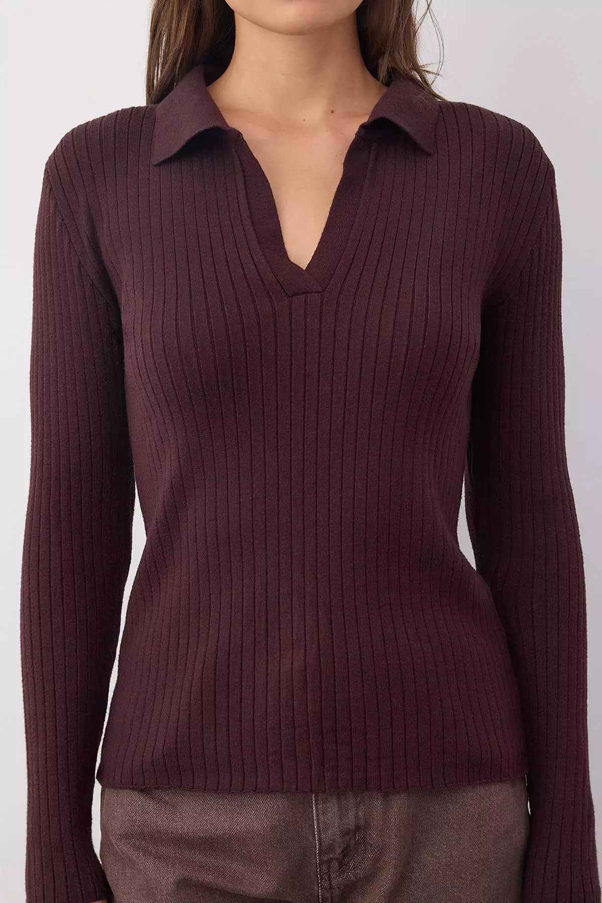 Wardrobe Essentials Brown Premium Yarn Polo Neck Ribbed Knit Sweater |