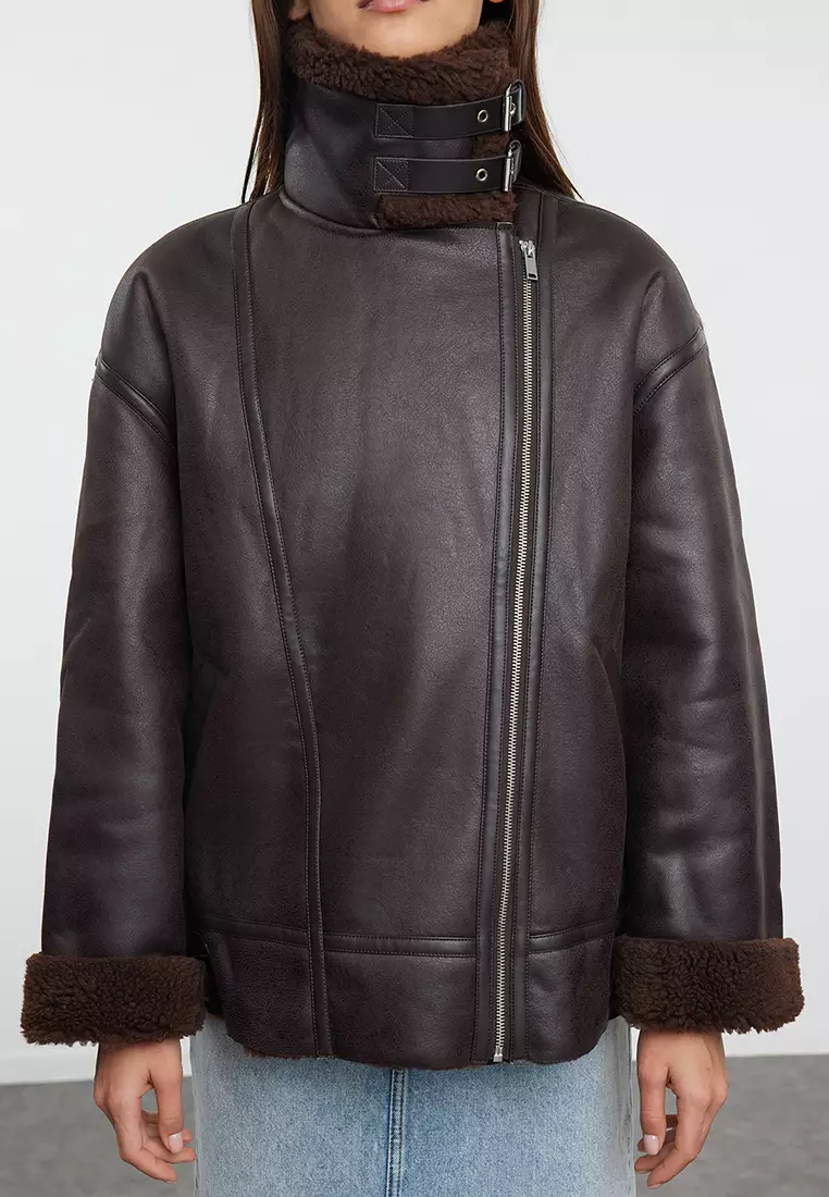 Dark Brown Regular Fit Collar Belt Detailed Plush Suede Biker Jacket Coat Twoaw25Mo00011