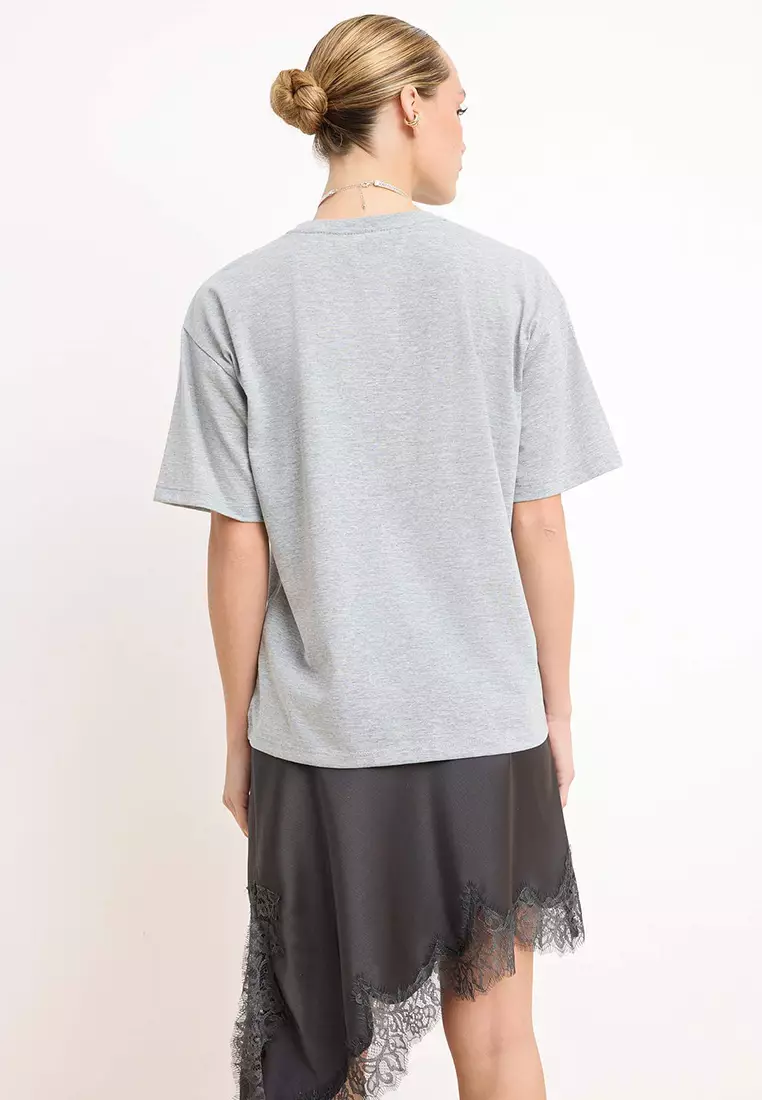 Grey Melange 1% Cotton Slogan Printed Relaxed/Wide Comfortable Cut Knitted T-Shirt Twoss19Gh34