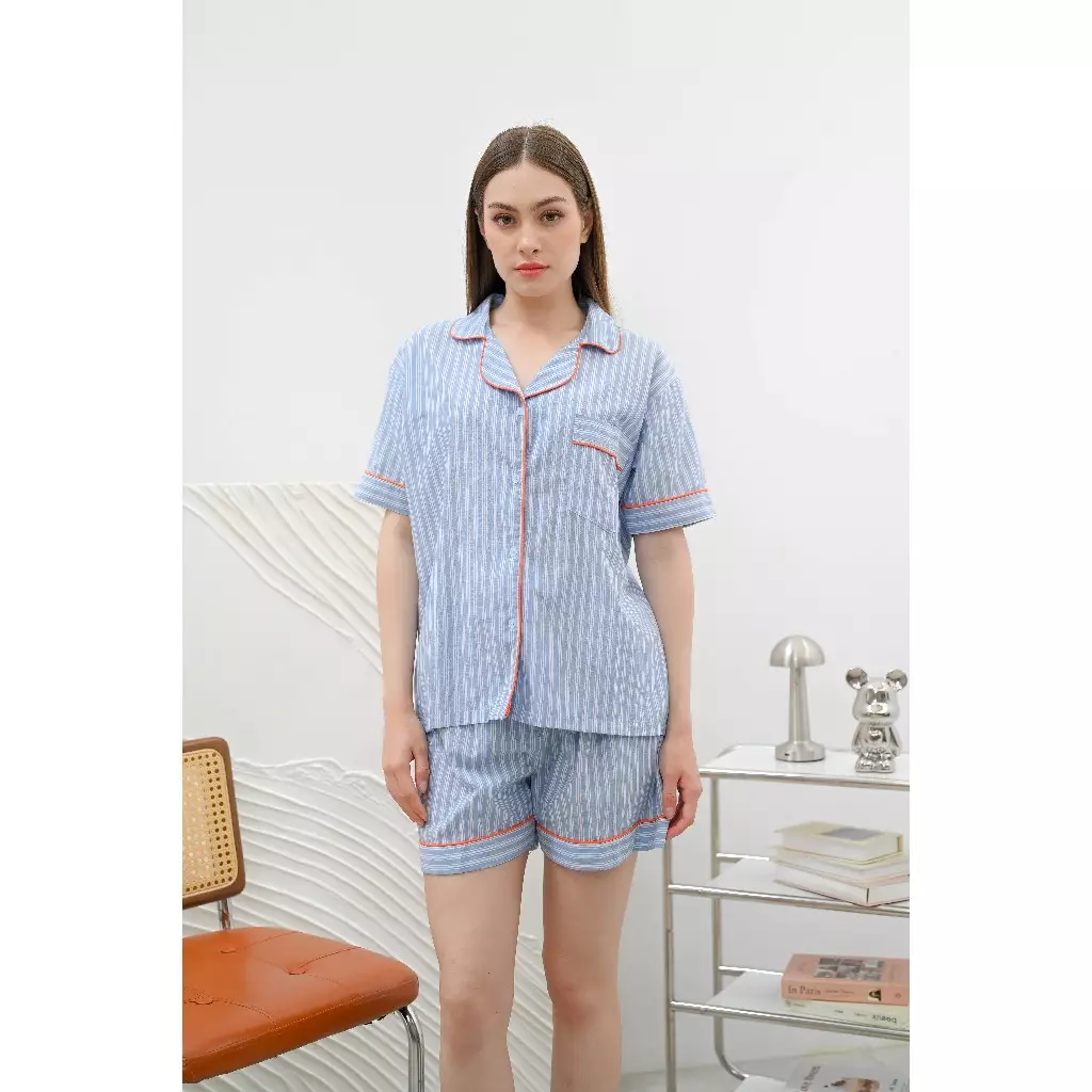 Set Piyama Katun Celana Pendek - Stripe Periwinkle | Sleepwear Baju Tidur Wanita