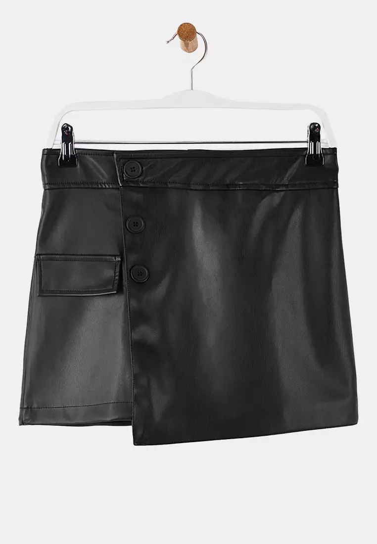 Black Faux Leather Mini Double-Breasted Short Skirt Twoss26Sr12