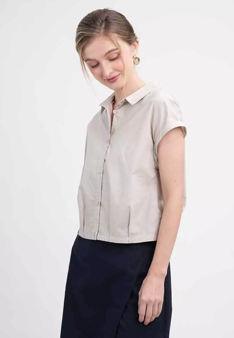 Odette Cropped Cap Sleeve Button-Up Shirt