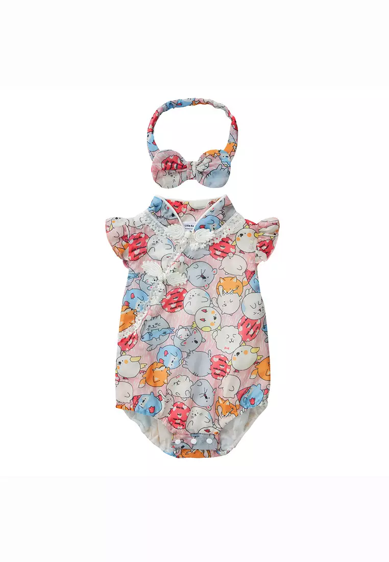 Purrfect Family Paws Baby Girl Pink Cats Cheongsam Bodysuit n Headwrap Set Family Wear 0821