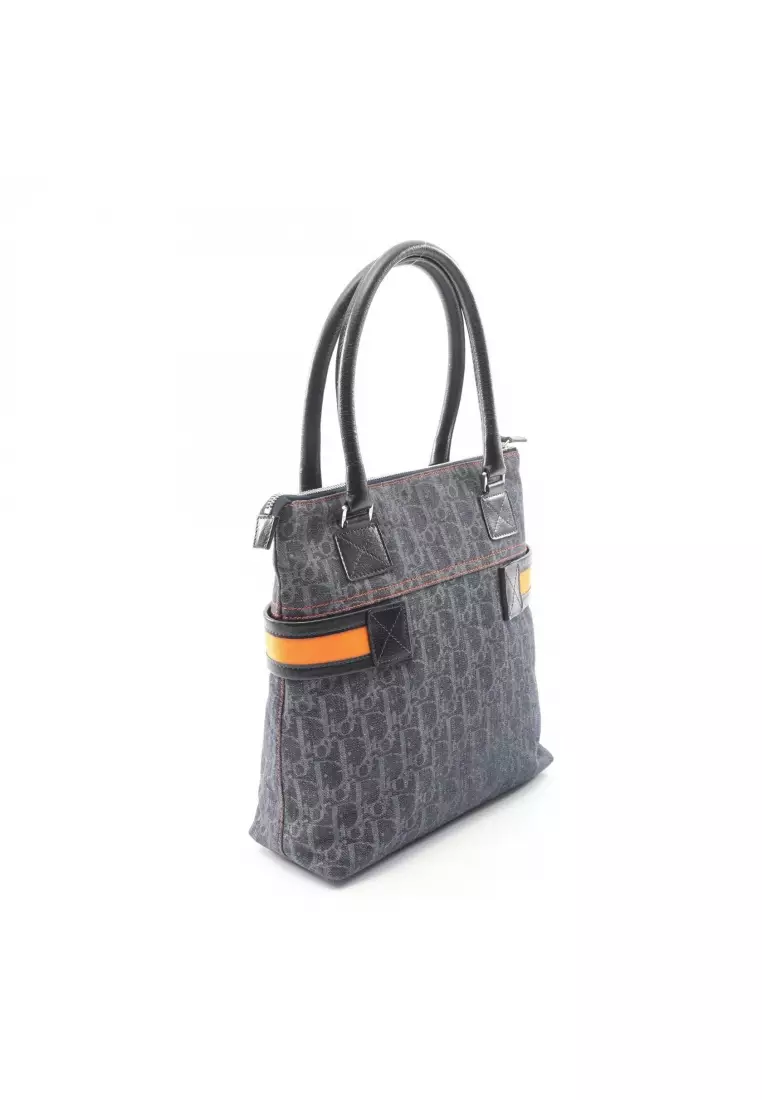 Pre-Loved Christian Dior Flight Line Trotter Handbag tote bag denim leather Indigo blue black orange